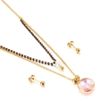 Golden double-layer necklace and bead earrings set with pink gemstone and pearls - Pink Faceted Style (KS136431-Z)
