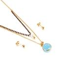 Golden double-layer titanium necklace with blue gemstone and matching stud earrings - Blue Faceted Style (KS136435-Z)