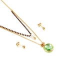 Double-layered gold necklace with green gemstone, white pearl and matching bead earrings - Green Faceted Style (KS136441-Z)