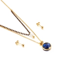 Double-layer gold necklace with navy blue stone and white pearl plus stud earrings set - Dark Blue Faceted Style (KS136442-Z)