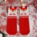 Festive red Christmas crew socks featuring cute 3D cartoon fox and reindeer patterns - One Size / Standard / Dotted Stripe Fox