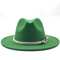 Chapeau fedora en laine vert herbe avec chaîne dorée et large bord plat élégant - M (56-58cm) / Vert Herbe