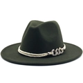Vue détaillée du fedora vert foncé avec corde tressée et chaîne en métal doré - M (56-58cm) / Vert Militaire