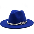 Cappello fedora in lana blu reale con corda intrecciata bianca e dettaglio catena argento - M (56-58cm) / Blu
