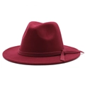 Close-up of a burgundy wool fedora hat with flat brim and matching ribbon band - M (56-58cm) / Burgundy