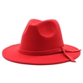Detailed side view of the classic red wool felt fedora hat with matching ribbon band - M (56-58cm) / Red