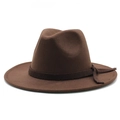 Close-up of the smooth wool texture and dark brown ribbon detail on the wide-brimmed fedora - M (56-58cm) / Dark Coffee