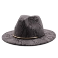 Close-up of wide brim fedora hat featuring black snake skin print and gold metal band - M (56-58cm) / Gray