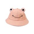 Detail view of pink cotton frog bucket hat with cute 3D eyes and smiling face embroidery - Light Pink