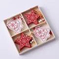 Wooden Christmas tree ornaments set with red stars and white bells in a display box - Plaid Star and Bell Ornaments