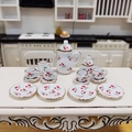 Set da tè in miniatura in ceramica con motivo ciliegia e bordo dorato per casa delle bambole - Ciliegia rossa