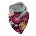 Detail of Christmas scarf with gold mandala print on purple fabric and gray fleece lining - Purple and Gold Snowflake