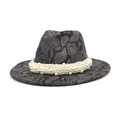 Close-up of the grey snake skin pattern felt fedora hat featuring a white pearl headband - M (56-58cm) / Dark Grey Snakeskin