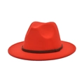 Detail of red wool felt fedora featuring a brown leather band with wave texture - M (56-58cm) / Orange Red