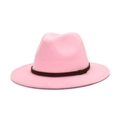 Detail of pink wool fedora hat featuring a brown decorative band and soft felt texture - M (56-58cm) / Pink