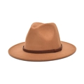 Detailed close-up of camel wool felt fedora hat featuring dark woven decorative band - M (56-58cm) / Khaki