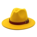 British style yellow wool felt fedora hat with red braided band and silver metal buckle - 58cm / Yellow