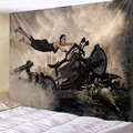 Industrial 3D art tapestry featuring a female rider over a post-apocalyptic scene - Retro Apocalyptic Moto