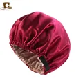 Detail showing the adjustable black elastic strap on a double-layer burgundy satin sleep cap - Burgundy