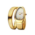 Luxury gold snake head watch for women with sparkling diamonds and winding steel strap - Gold White Dial