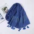 Navy blue tie-dye scarf with geometric embroidery and elegant tassels on white background - Sapphire Blue