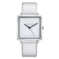 Macro shot of minimalist square quartz watch featuring a white dial and silver casing - Silver Case White Dial White Strap