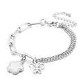 Pulsera asimétrica de acero inoxidable plateado con dijes de mariposa y trébol - Colgante De Flor De Mariposa (KB139524-Z) / Color Acero