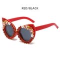 Occhiali da sole a cuore rossi con strass, fiori 3D e decorazioni di gioielli - Rosso/Nero
