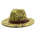 Stylish yellow snake print wool fedora hat with a brown faux leather belt buckle accent - M (56-58cm) / Green Snakeskin