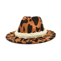 Cappello fedora in lana con stampa mucca marrone da donna con fascia di perle bianche - M (56-58cm) / Cachi