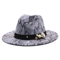 Detail of snake skin print wool fedora hat with faux pearls and black decorative band - M (56-58cm) / Blue