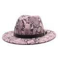 Detail of pink snakeskin fedora hat with wide brim, black leather band, and silver buckle - M (56-58cm) / Pink