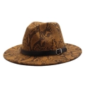 Close-up of snakeskin print fedora with black leather band and silver metal buckle - M (56-58cm) / Brown