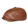 Detail of brown faux leather beret featuring vintage texture and precise side stitching - Coffee