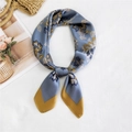 Floral square silk scarf in dusty blue and gold print tied on a clean background - 70cm / 21 Balsam Blue