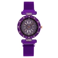 Deep purple women's quartz watch with rhinestone floral dial and magnetic mesh strap - Purple