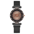 Women's black stainless steel mesh watch with floral rhinestone dial design - Black