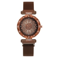 Coffee brown mesh magnetic watch for women with rose gold case and crystal floral dial - Brown