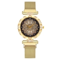 Women's gold Milanese magnetic strap watch with rhinestone floral patterned dial - Gold