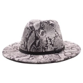 Chapeau fedora chic à bord large avec motif serpent et ruban noir élégant - M (56-58cm) / Blanc