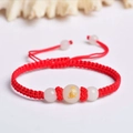Handmade red string bracelet with three white jade beads and a golden zodiac icon - Red Rope [Monkey]