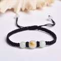 Handmade black woven rope bracelet with rabbit zodiac beads and glowing jade accents - Black Rope [Rabbit]