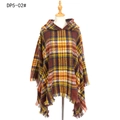 Plaid hooded poncho in brown and orange tones with long tassels and thick knit texture - Brown