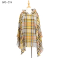 Hooded plaid poncho with yellow and grey check pattern and fringed tassels - Grey-Beige