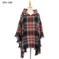 Classic red and green plaid hooded poncho with decorative fringe hem for women - Black Green