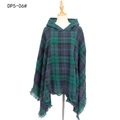 Green and blue plaid hooded poncho cape with tassel hem for women in winter - Green Check