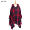 Red and navy plaid hooded poncho cape with fringe hem for autumn and winter wear - Red & Navy