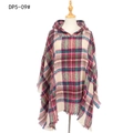 Red and green plaid hooded poncho with decorative tassel trim for autumn and winter - Beige