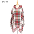 Red and green plaid hooded poncho with tassel hem in a festive Christmas style - White Multi-color