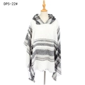 Plaid hooded poncho in white, grey and black checks with decorative fringe edges - Black and White